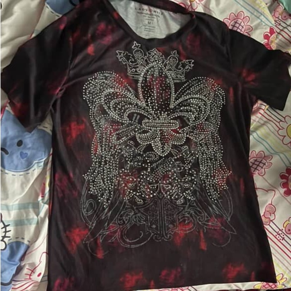 Women's Black and Red Rhinestone Tee
